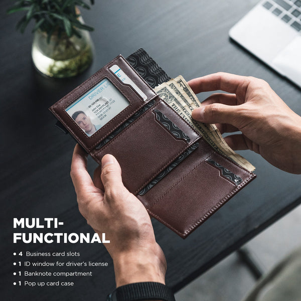 VC208P- Genuine Leather, Without Back Zipper Slot, Magnetic Strip Closure Tri-fold Wallet